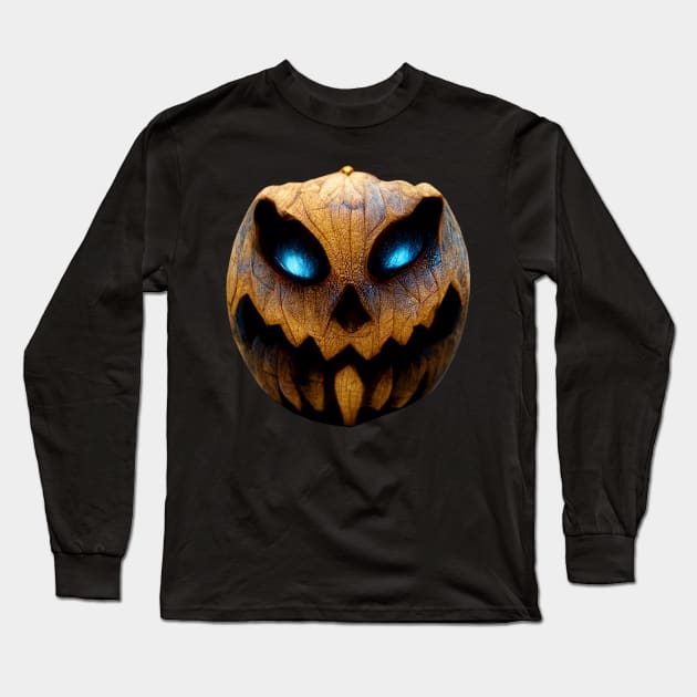 Halloween Evil Pumpkin Head With Scary Blue Eyes Long Sleeve T-Shirt by FoolDesign